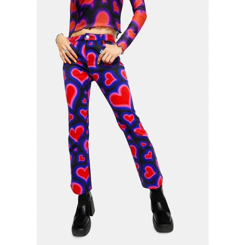 Delia's Dolls Kill Y2K Heart Low Rise Black Purple Red Pink Flare Jeans size M